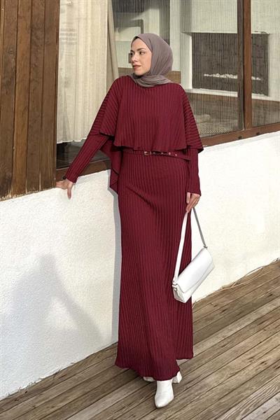 Balıksırtı Kemerli Elbise Bordo