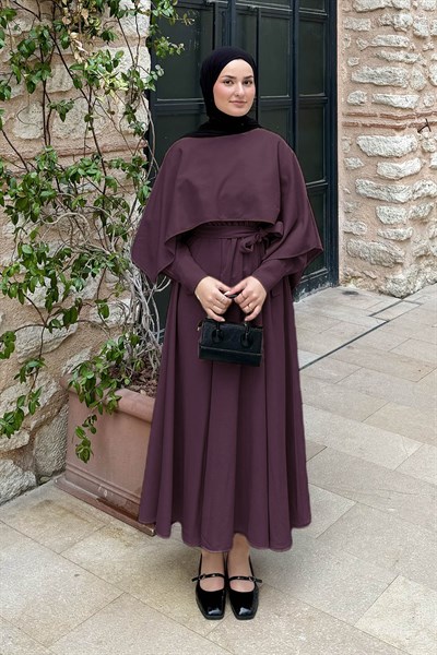 Pelerin Detaylı Elbise Mürdüm