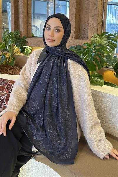 Retro Desen Bambu Şal Lacivert