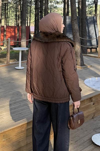 Kürk Yaka Düğmeli Mont Çikolata Kahve