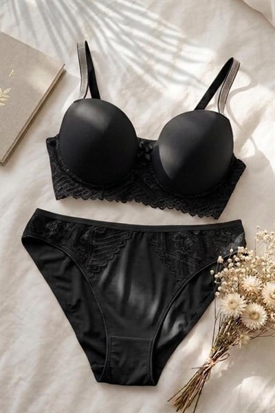 Desteksiz Balenli Büyük Beden Taş Detaylı Sütyen Takım Siyah