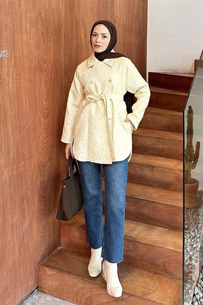 Kapitone Ceket Çıtçıt Kapamalı Krem