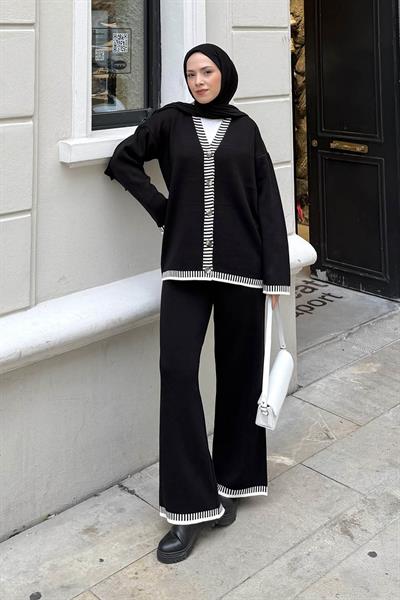 Çizgili Triko Takım Siyah