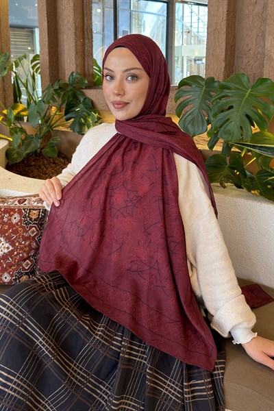 Geometrik Desen Bambu Şal Bordo