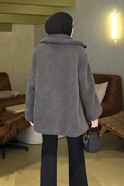 Biye Detaylı Tedy Peluş Mont Antrasit