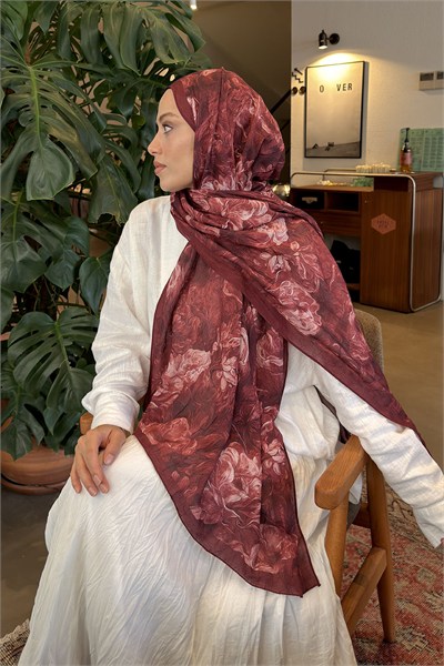 Vintage Flower Desen Bambu Şal Koyu Bordo