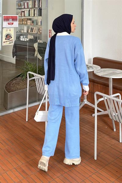 Yakası Taşlı Triko Takım Bebe Mavisi