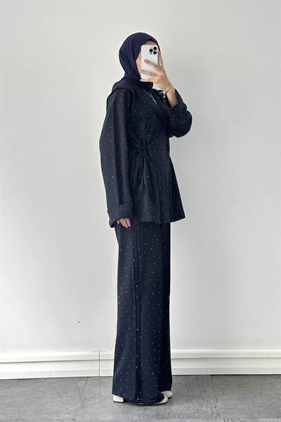 Tünel Detaylı Taşlı Takım Lacivert