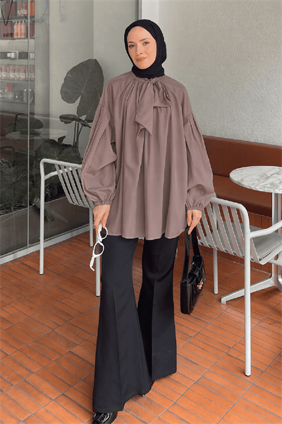 Yaka Fular Detaylı Gömlek Soft Kahve