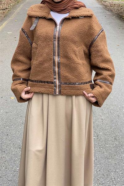 Kürklü Biker Mont Kahverengi