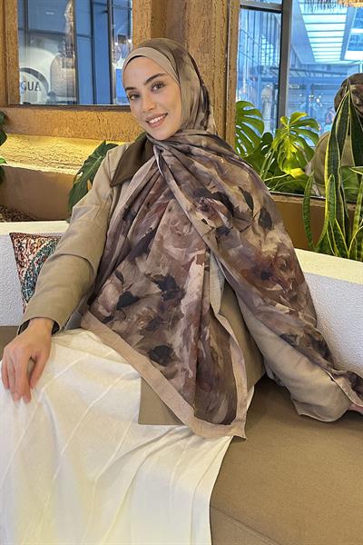 Gül Desen Bambu Şal Vizon Yeşil