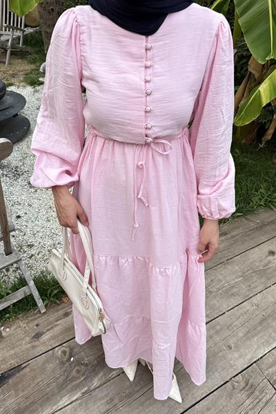 Bel Büzgülü Tesettür Elbise Pembe