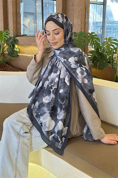 Batik Çiçek Desen Bambu Şal Antrasit