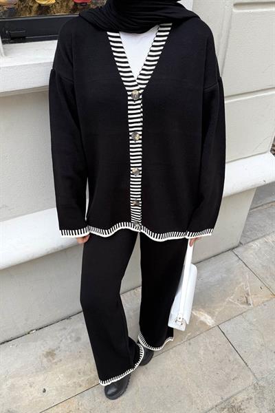 Çizgili Triko Takım Siyah