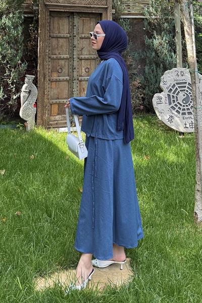 Bağlama Detaylı Etekli Takım İndigo