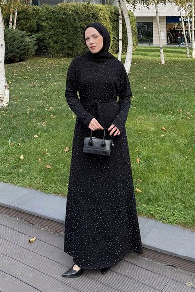 Taş Detaylı Tesettür Elbise Siyah