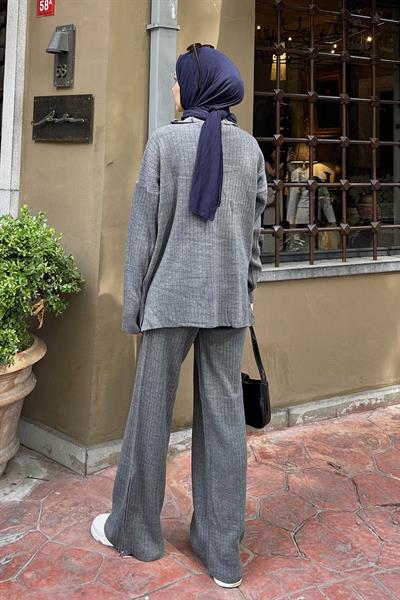 Düz İkili Triko Tesettür Takım Füme