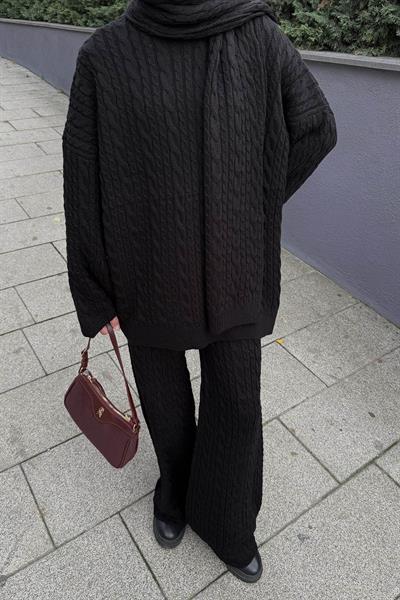 Atkılı Örgü Desen İkili Takım Siyah