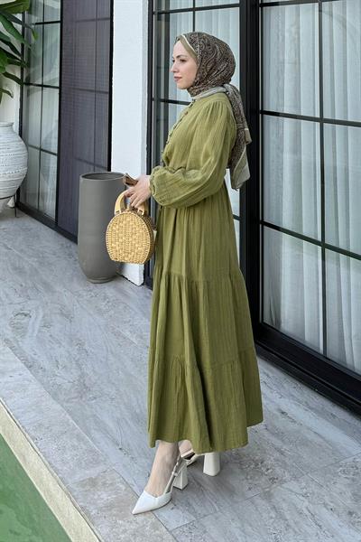 Bel Büzgülü Tesettür Elbise Çağla Yeşili