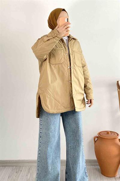 Çift Cepli Boydan Düğmeli Gizli Cepli Mont Camel