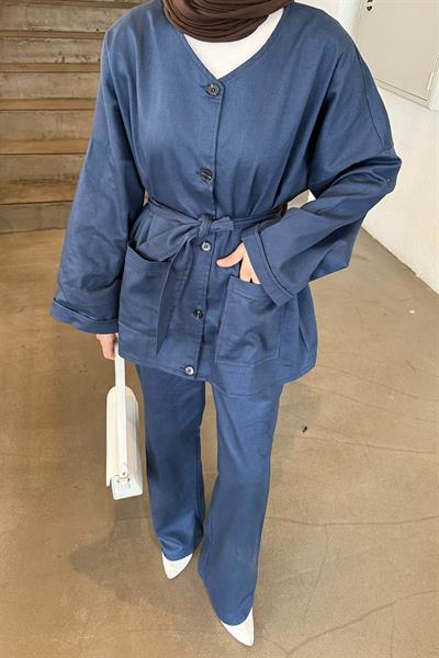 Kuşaklı Gabardin Takım Lacivert