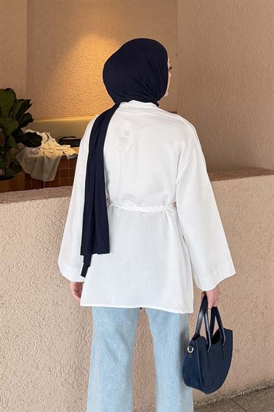 Örgü Bağlamalı Kimono Ceket Beyaz