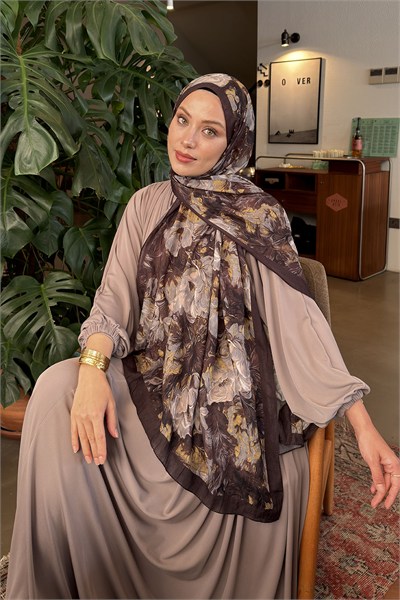 Vintage Flower Desen Bambu Şal Koyu Kahve