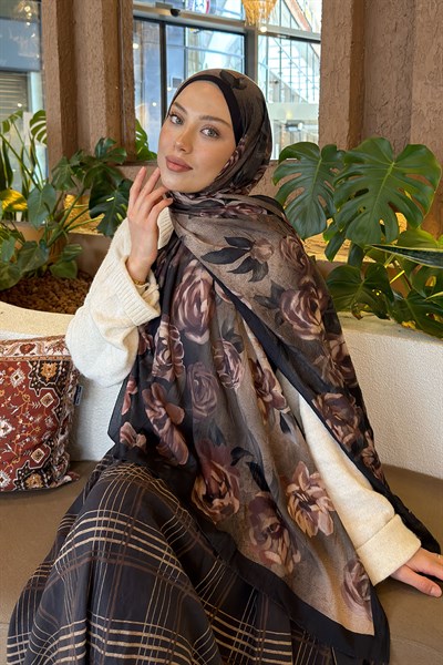 Çiçek Desen Bambu Şal Koyu Yeşil