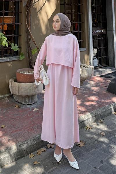 Etekli Tesettür Takım Pembe