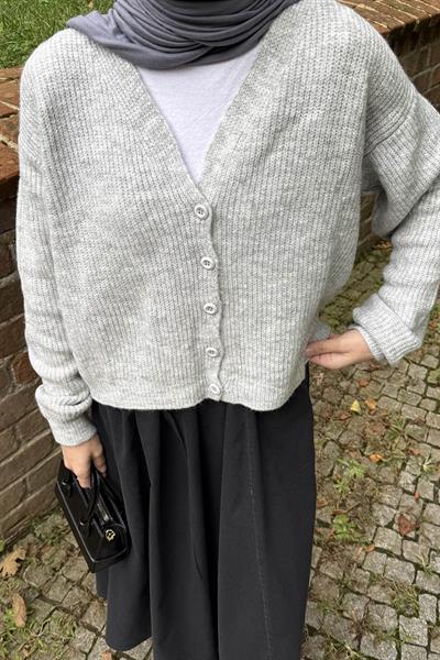 Crop V Yaka Hırka Gri