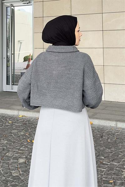 Yaka Fermuarlı Crop Triko Kazak Gri