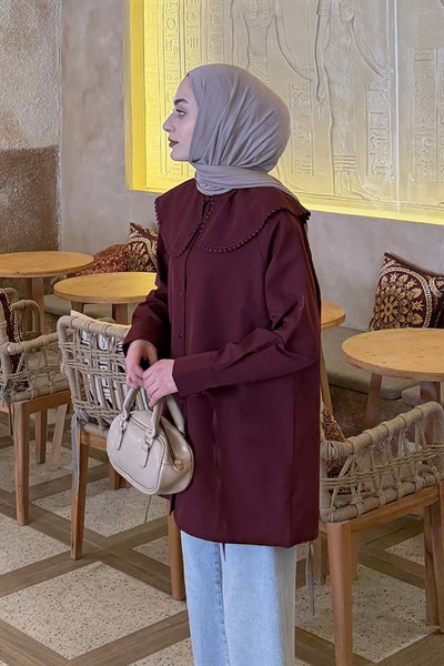 Bebe Yaka Dantel Detaylı Gömlek Bordo