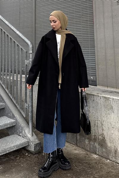 Tek Düğmeli Kaşe Kaban Siyah