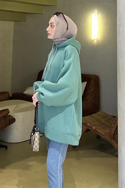 Üç İplik Balon Kol Sweatshirt Mint Yeşili