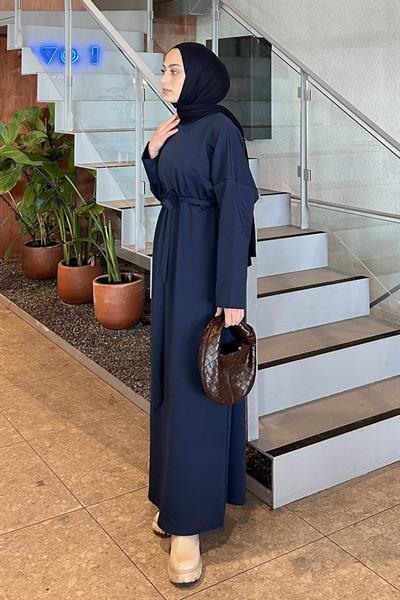 Etek Ucu Armalı Kuşaklı Elbise Lacivert