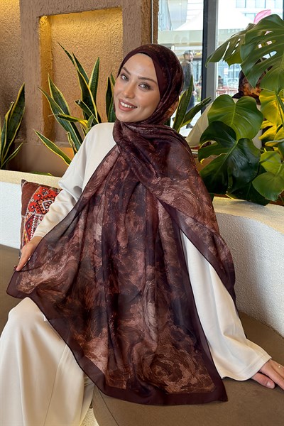 Gül Çiçek Desen Ferah Şal Acı Kahverengi
