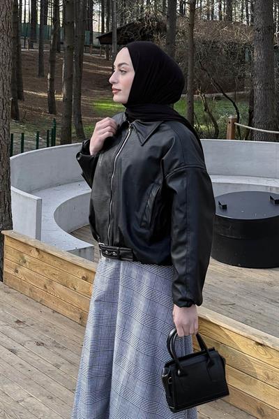Kemerli Deri Ceket Siyah