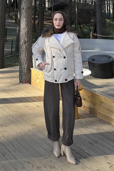 Kürk Yaka Düğmeli Mont Taş