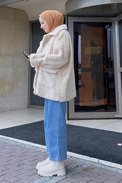 Kol Detaylı Fermuarlı Teddy Mont Taş