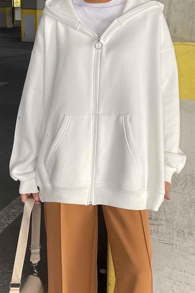 Kapüşonlu Oversize Yan Cepli Sweat Beyaz