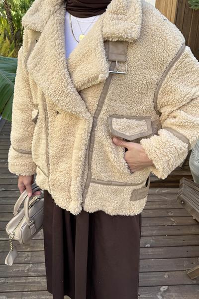 Biyeli Peluş Mont Bej