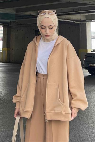 Kapüşonlu Oversize Yan Cepli Sweat Sütlü Kahve