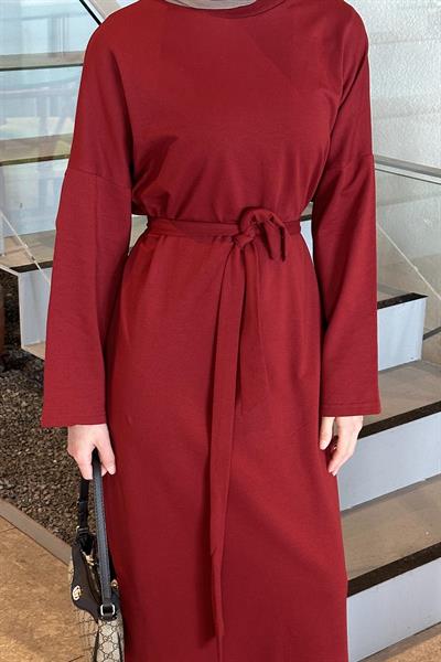 Etek Ucu Armalı Kuşaklı Elbise Kırmızı