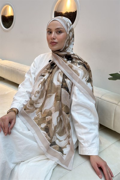 Çiçek Desen Pamuk Şal Koyu Bej