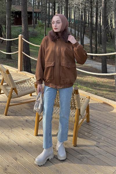 Kürk Yaka Cepli Mont Kahverengi