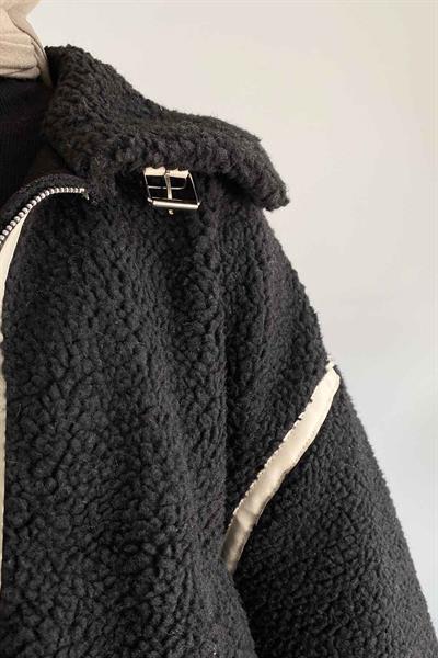 Kürklü Biker Mont Siyah