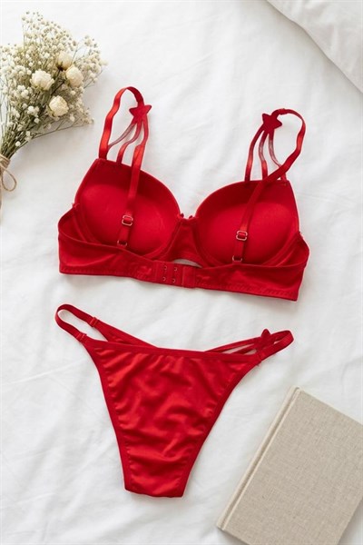 Taşlı Yıldız Detaylı Dolgulu Destekli Sütyen Takım Kırmızı