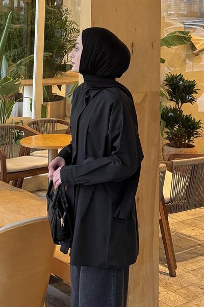 Ön Pile Detaylı Gömlek Siyah