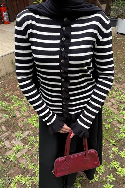 Fırfırlı Çizgili Hırka Siyah