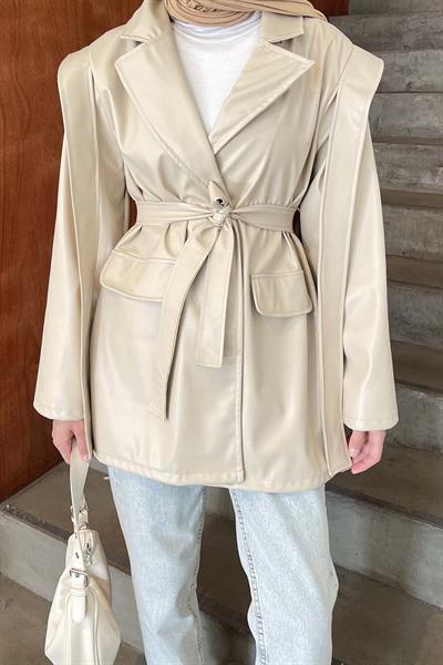 Kruvaze Yaka Kuşaklı Deri Ceket Krem